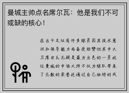 曼城主帅点名席尔瓦：他是我们不可或缺的核心！